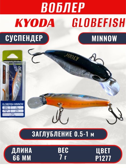 Воблер KYODA Globefish Minnow-66SP, длина 6,6 см, вес 7.0 гр цвет P1277, заглубление 0,5-1,0 м