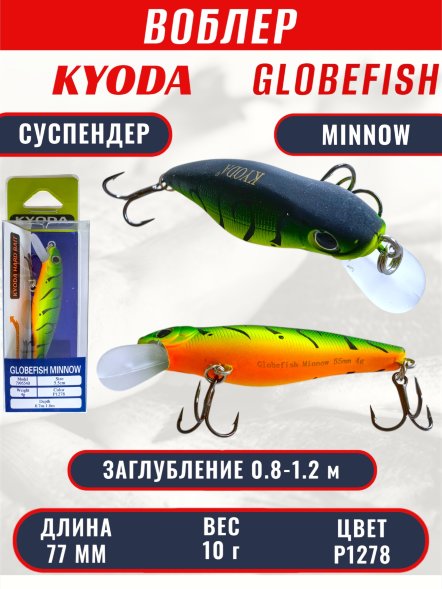 Воблер KYODA Globefish Minnow-77SP, длина 7,7 см, вес 10.0 гр цвет P1278, заглубление 0,8-1,2 м